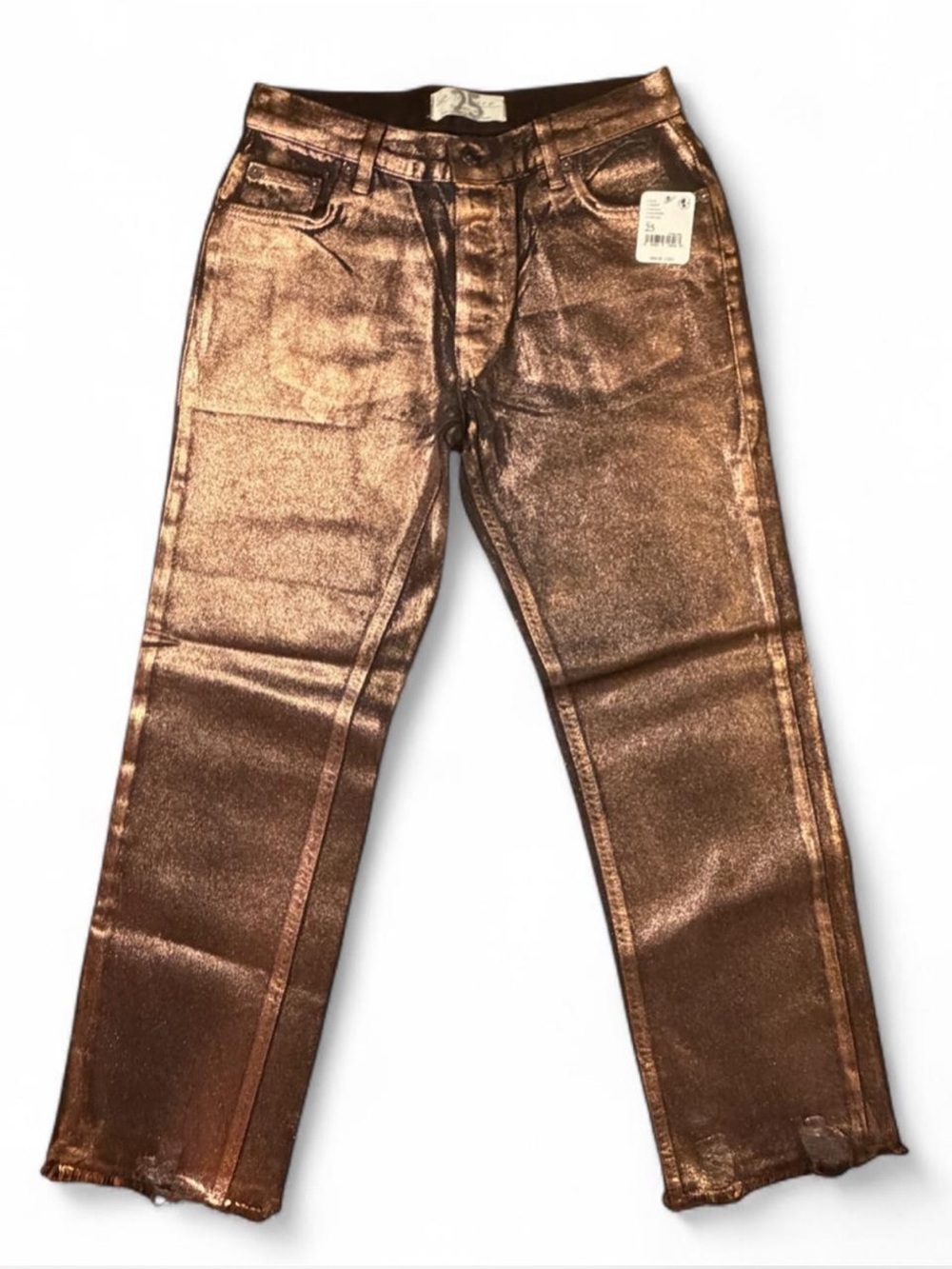 Free People Maggie Metallic Coated Jeans Copper Bronze Raw Hem 25 - Picture 4 of 7